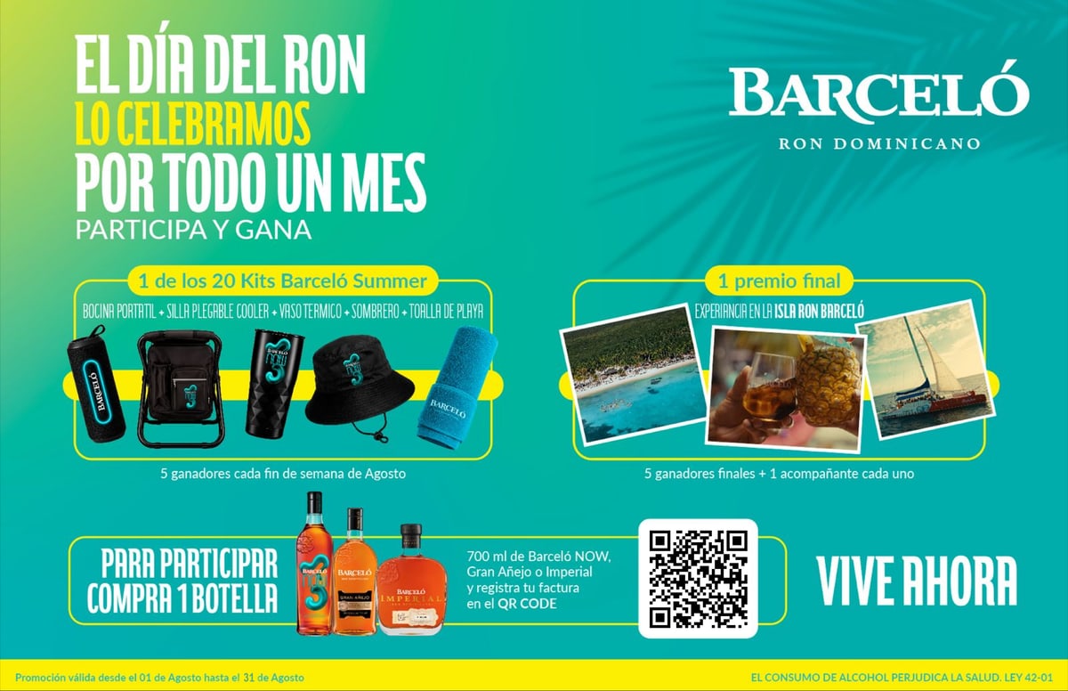 Barceló: El Día del Ron. Compra una botella de Barceló Now, Gran Añejo o Imperial, registra tu factura y participa por 20 kits Barceló Summer y un viaje a La Isla Barceló. Promoción válida del 1 al 31 de agosto de 2026.